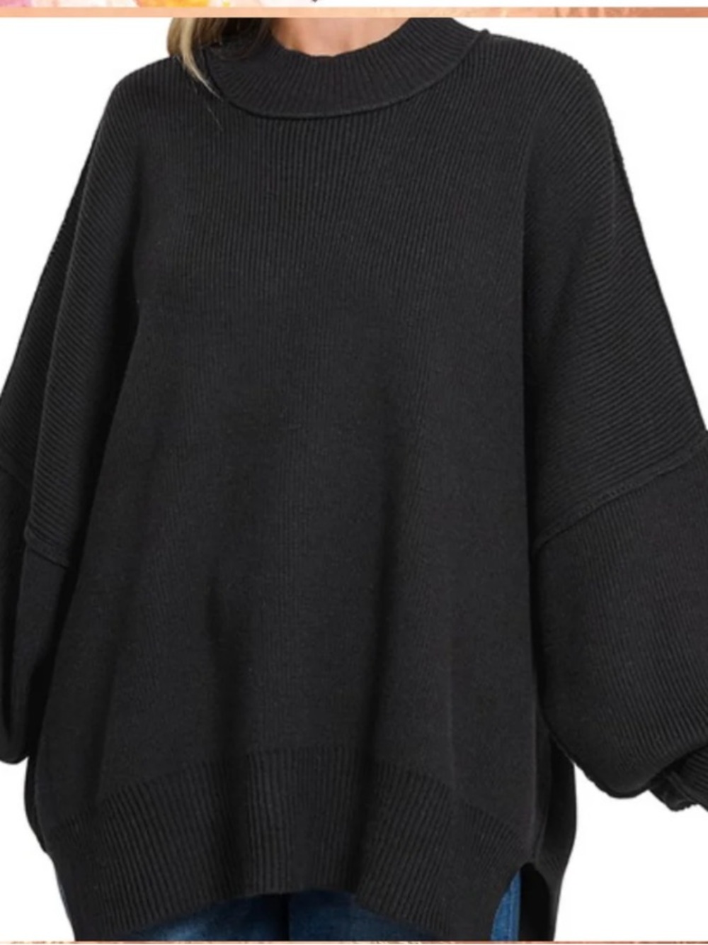 Zenana Black Slouchy Tunic Mock Sweater Women's Large/XL oversized